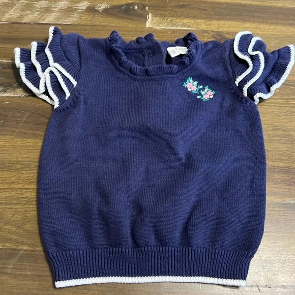 Janie and Jack Ruffle Top Floral Embroidered Blue White Stripe 12-18 months - Picture 1 of 4